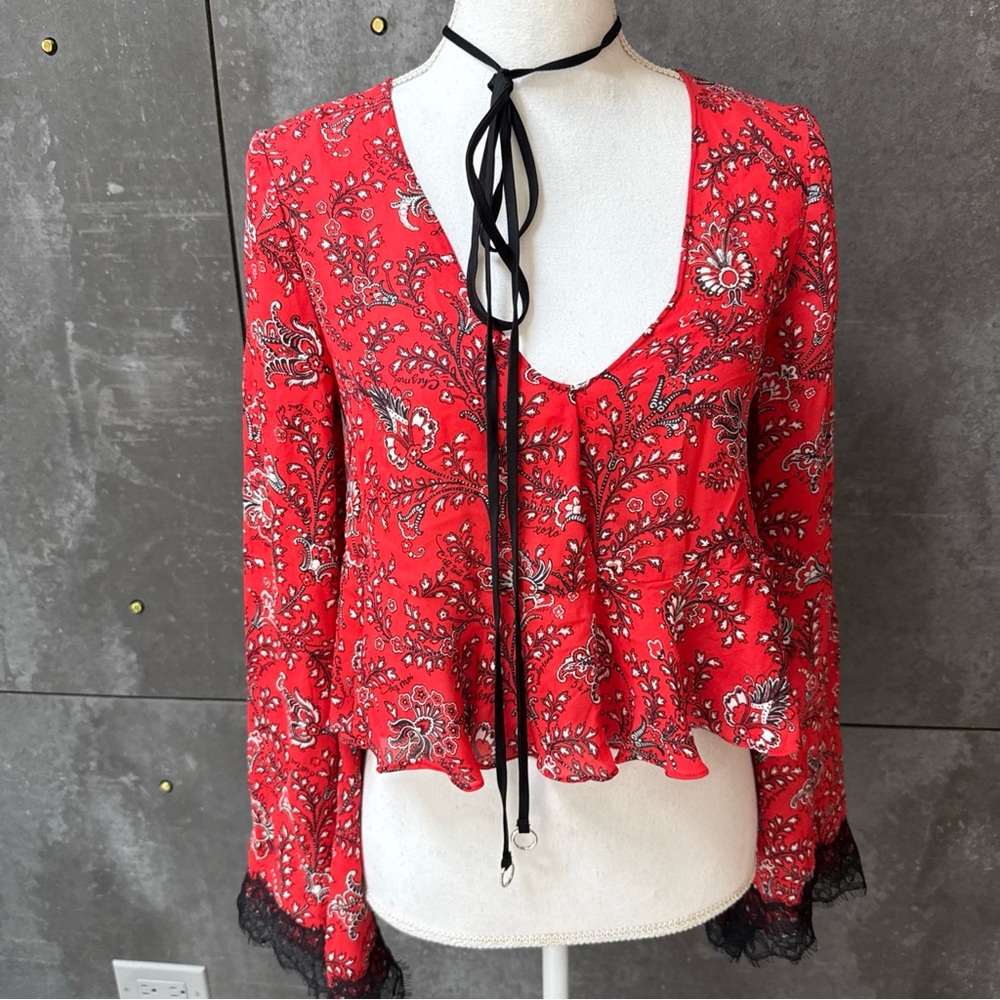 Cinq à Sept Red Floral silk  Blouse with Black Lace